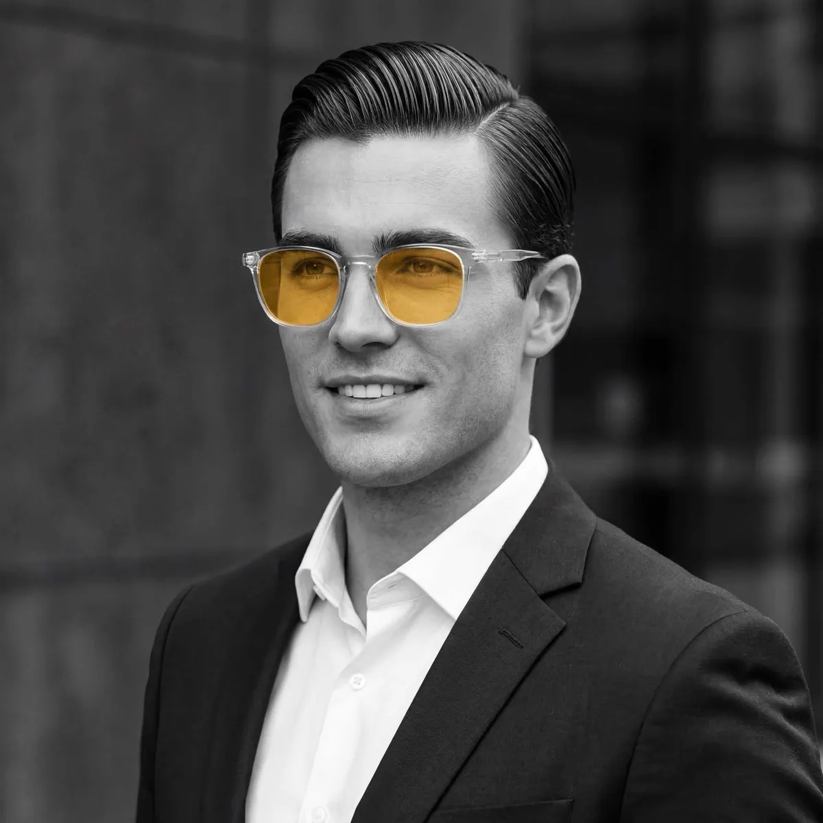 Yellow lens clear frame on model