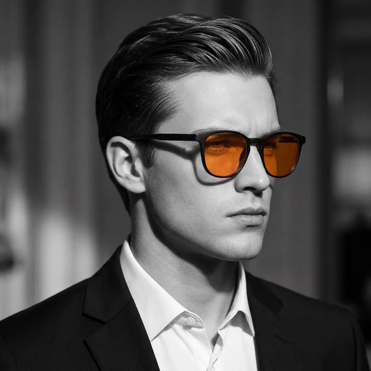 Orange lens black frame on model